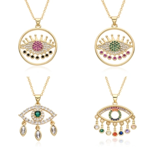 Collier Pendentif Mauvais Œil en Cuivre Chaîne de Clavicule en Strass Colorés Bijoux de Mode pour Cadeau Femme Haute Qualité Plaqué Or