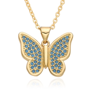 18K gold plated butterfly pendant necklace with micro-paved blue cubic zirconia crystals