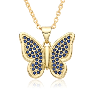 18K gold plated butterfly pendant necklace with micro-set blue zircon on white background