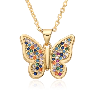 Golden butterfly necklace with multi-color zircon inlay on a delicate link chain