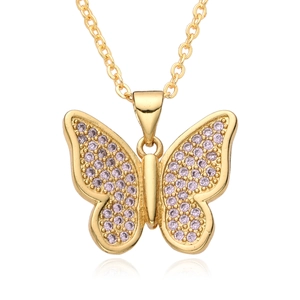 Macro shot of 18K gold-plated butterfly pendant featuring lavender micro-pave zircons