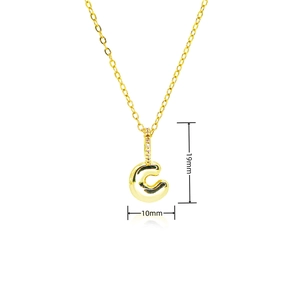 Detail showing gold balloon letter C pendant with zircon inlay and 19mm height dimension