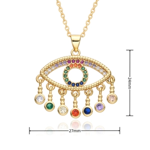 Détail du pendentif œil protecteur serti de zircons colorés sur une chaîne dorée