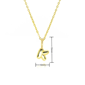 Detail of gold bubble letter K pendant necklace showing size dimensions of 19mm and 10mm
