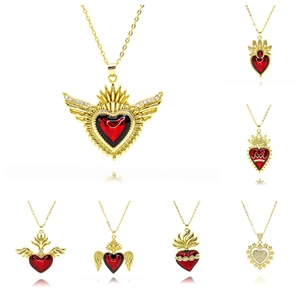 Französischer Palaststil Kupfer Rotes Heiliges Herz Anhänger Halskette Vintage Engelsflügel Krone Strass Emaille Schlüsselbeinkette Für Damen