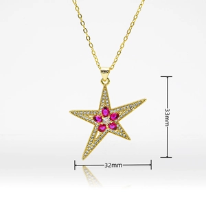 Collar colgante estrella de mar dorada hip hop con cristales rojos y circonitas