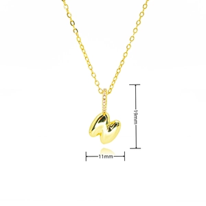 Detailed view of bubble initial M pendant with zircon inlay and 19mm size annotation