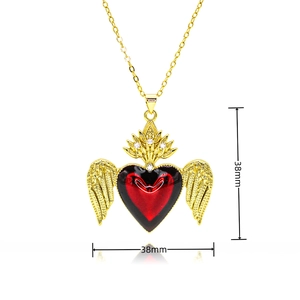 Goldkette mit geflügeltem Herzanhänger, rotem Emaille und Zirkonia, 38mm Größe