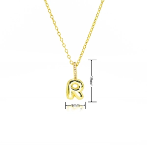 Detailed view of gold bubble letter R pendant with dimensions 19mm by 9mm