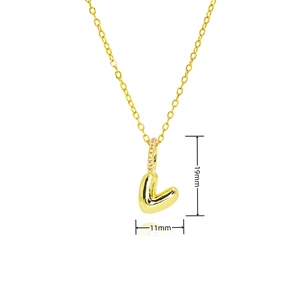 Detail of 3D gold bubble letter L pendant showing 19mm size and inlaid zircon stones