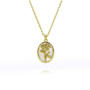 Détails du pendentif fleur de tournesol dorée avec incrustation de nacre et chaîne fine