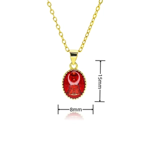 Vintage gold-plated oval pendant necklace with red religious relief and 15x8mm dimensions