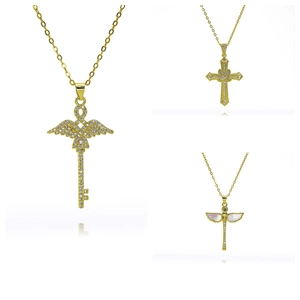 Exquisito Collar con Colgante de Cruz de Cobre Chapado en Oro para Mujer Circonita Ala de Ángel Llave Libélula Joyería