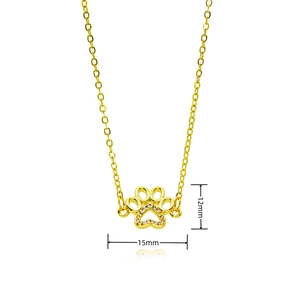 Golden cat paw pendant necklace with heart zircon inlay, 15mm width, elegant jewelry