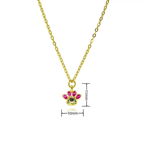 Pink enamel cat paw necklace in gold finish with heart detail and for now engraving