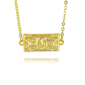 Hip hop style gold pendant necklace featuring a detailed 100 dollar bill design on white