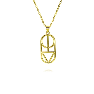 Macro shot of gold square sun pendant featuring geometric patterns on a high-polish chain