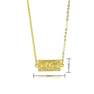Detail view of gold square bill pendant with dimensions 24mm by 10mm on a sleek chain