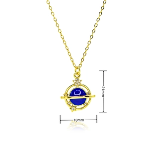18K gold plated planet necklace with blue enamel center and white cubic zirconia stones