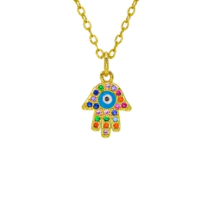 Gold Hamsa Hand necklace featuring colorful rainbow gemstones and blue Evil Eye charm