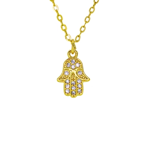 Gold-plated Hamsa Hand pendant necklace with micro-pave purple and blue crystals