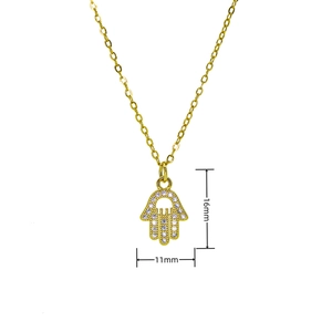 Detailed view of gold Hamsa hand pendant with white zircons and 16mm x 11mm dimensions