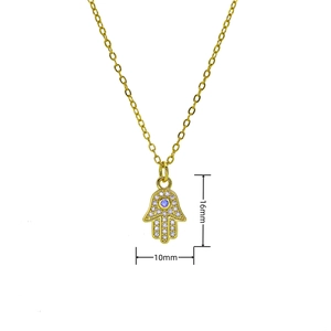 Detailed view of gold Hamsa pendant with blue stone and crystals, sized 16mm by 10mm