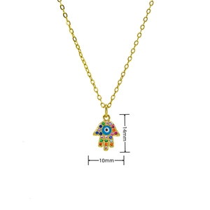 Detail view of gold Hamsa hand pendant with blue evil eye and colorful zircons 14mm height