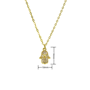 Detailed view of gold Hamsa hand pendant with sparkling diamonds, 14mm by 10mm size