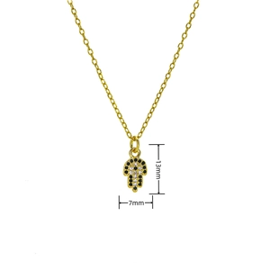 Macro shot of gold Hamsa hand pendant with crystal pavé, showing 13mm height detail