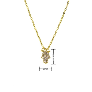 Detail view showing Hamsa Hand pendant dimensions 11mm by 8mm with white zircons