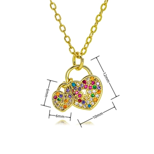 Detail view showing dimensions of heart lock pendant necklace with rainbow cubic zirconia