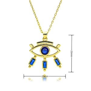 Détail du collier œil maléfique doré avec pierres bleues et dimensions de 25mm