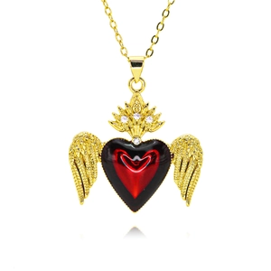 Elegant French court style red heart pendant necklace with gold wings and crown details