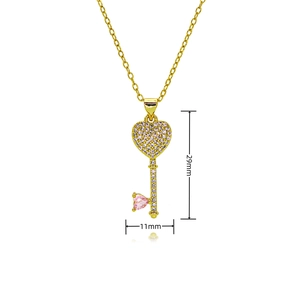 Detailed view of the 29mm gold-plated heart lock key necklace with white and pink zircons