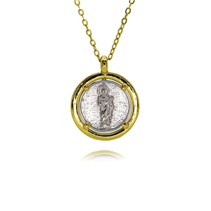 Collar con Colgante Religioso de Cobre en Dos Tonos Virgen María Sagrado Corazón Medalla de San Benito Joyería Católica Mujer