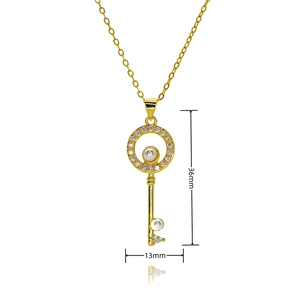 Detailed view of gold plated key pendant with micro-pave zircons and pearls, 36mm size