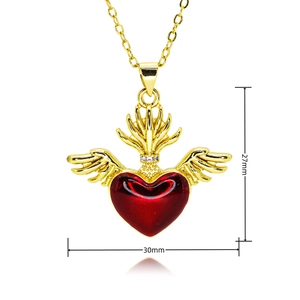 Detail showing red heart pendant with golden wings and crown, size 27mm by 30mm