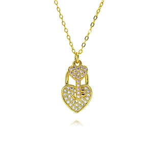Luxury gold heart lock and key pendant necklace with micro-pave cubic zirconia crystals