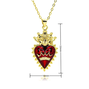 Detailed view of a gold-plated heart pendant with crown design and size dimensions