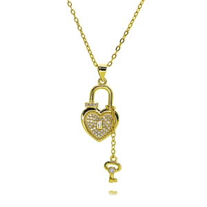 Luxurious gold heart lock and key necklace featuring micro-pave zircon crystals