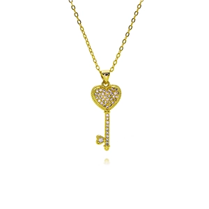 Luxurious gold-plated heart key necklace with pink and white zircon micro-pave setting