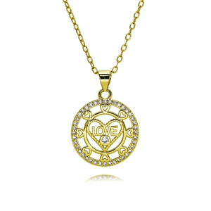 Detail of gold LOVE pendant with heart hollows and shimmering pavé zirconia