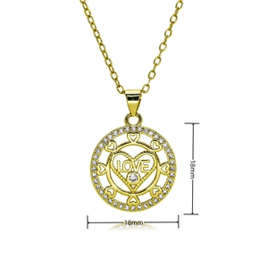 Detail of 18mm golden heart pendant necklace with LOVE engraving and zircon stones