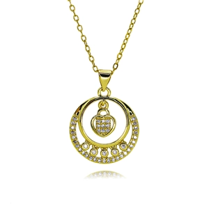 Detail of gold heart pendant necklace with double ring structure and cubic zirconia stones