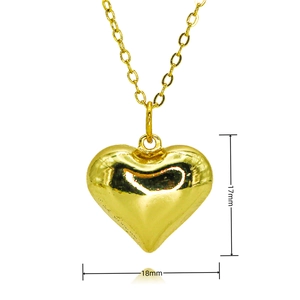 Detailed view of a golden 3D heart pendant necklace with 17mm and 18mm dimensions