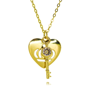 Gold-tone heart and key pendant necklace with a crown motif and sparkling zircon stone
