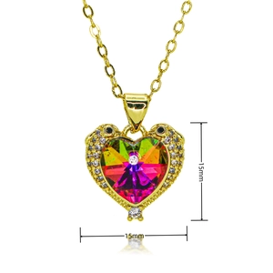 Detail of 15mm heart pendant necklace with rainbow crystal and zircon accents