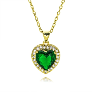 Detailed view of heart-shaped emerald green zircon pendant necklace in gold setting