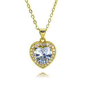 Detail of heart-shaped pendant necklace with cubic zirconia pavé and gold finish